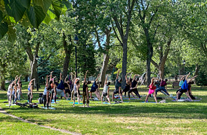 Yoga-in-The-Park Tom Damoth © 2025 The first thing I noticed about Montréal was the abundance of parks; almost every neighborhood has one. Clean and busy; the perfect place to relax.
Just a few blocks from Laurier Metro station is Sir Wilfrid Laurier Park. The park features grassy shaded areas, swimming, a playground, and all kinds of activities.
