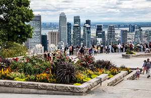 From the Kondiaronk Belvedere atop Mount Royal, the view of downtown Montreal is spectacular. Besides downtown, you can see part of Lake Erie, and off on the horizon, mountains in Vermont.