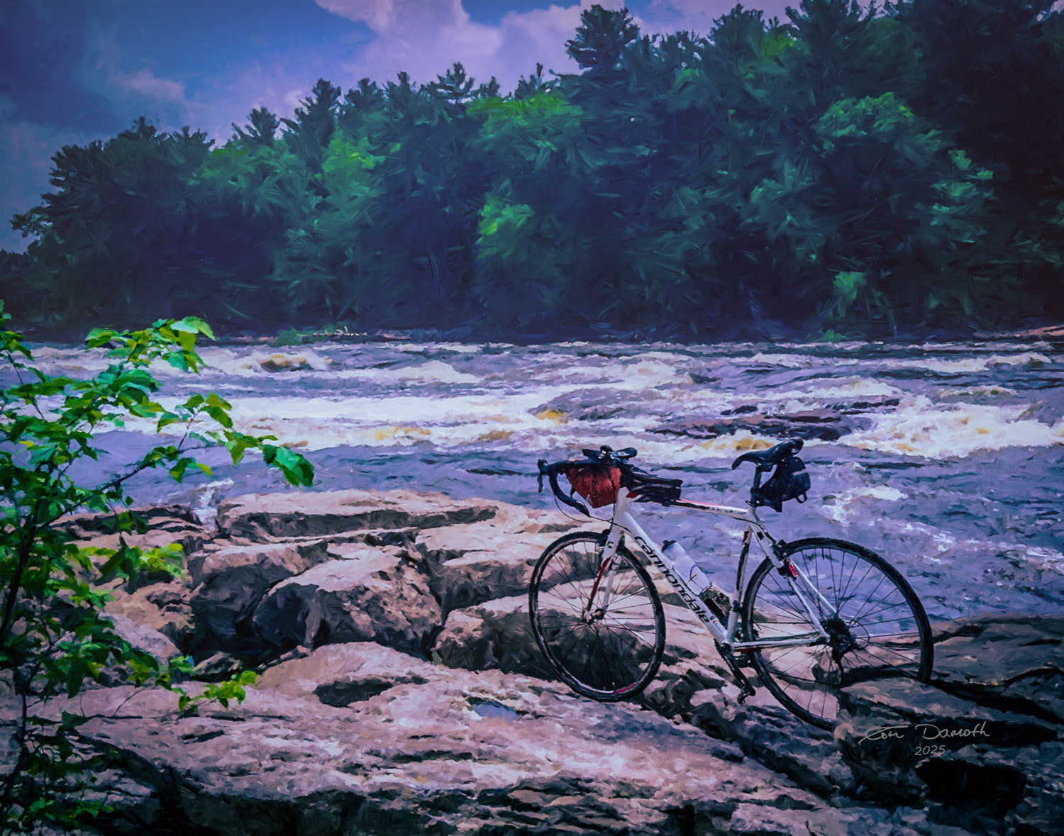 A Cannondale bicycle parked on a bedrock outcrop with foaming rapids of the Wisconsin River in the background.